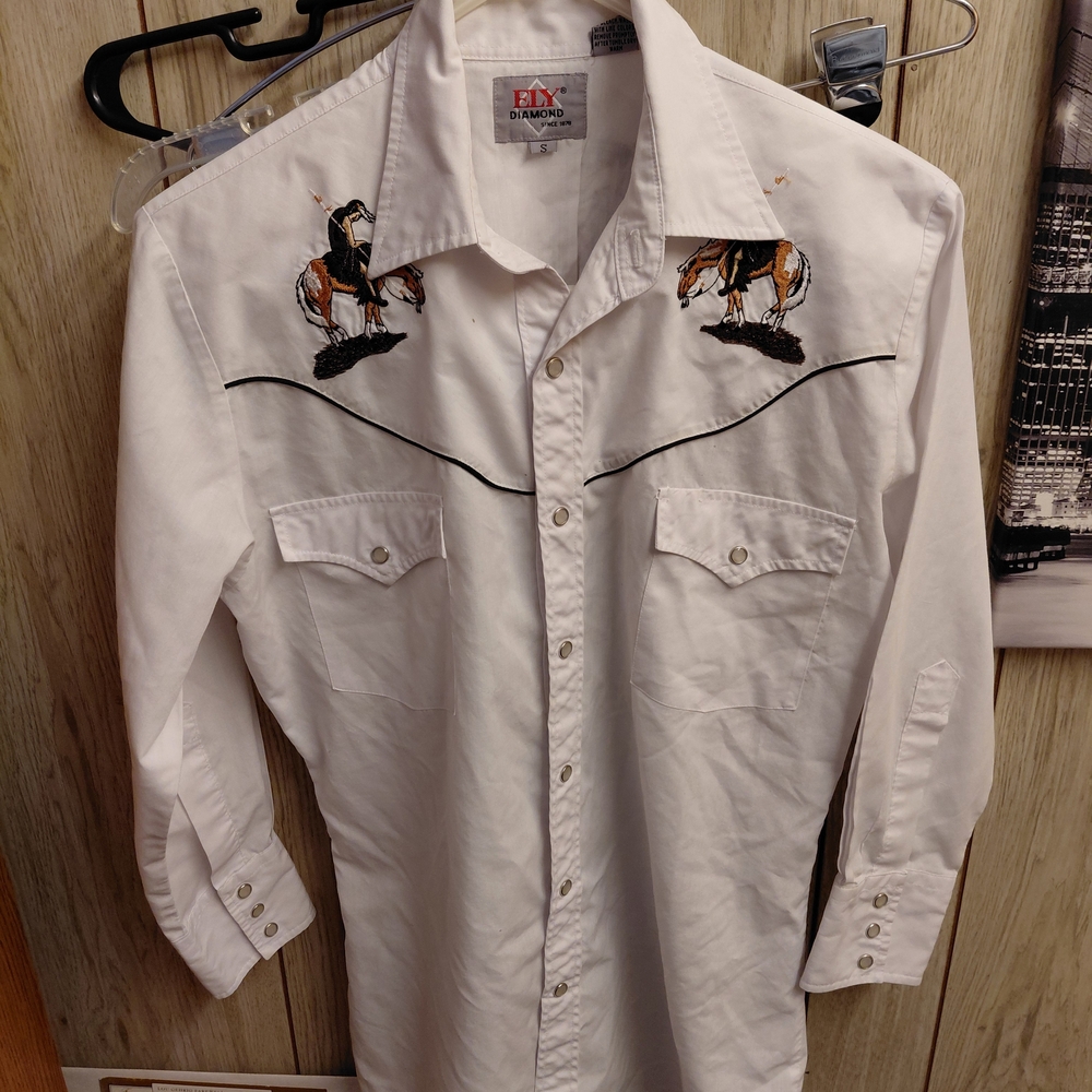 Vintage Ely Diamond Shirt Mens Small White Pearl Snap Sawtooth Cowboy Western